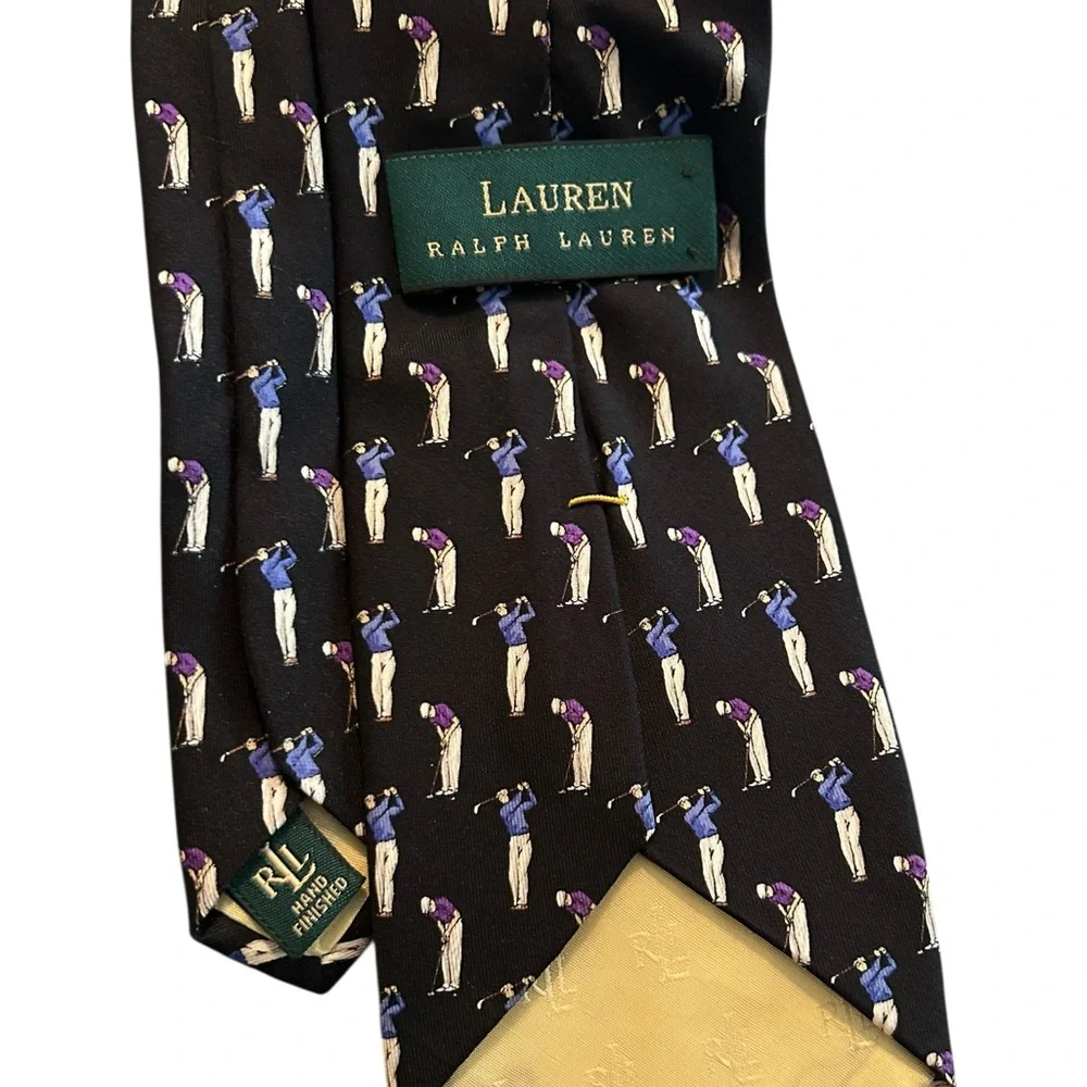 Lauren Ralph Lauren Golf Themed Neck Tie Black Silk‎ RRL Hand Finished